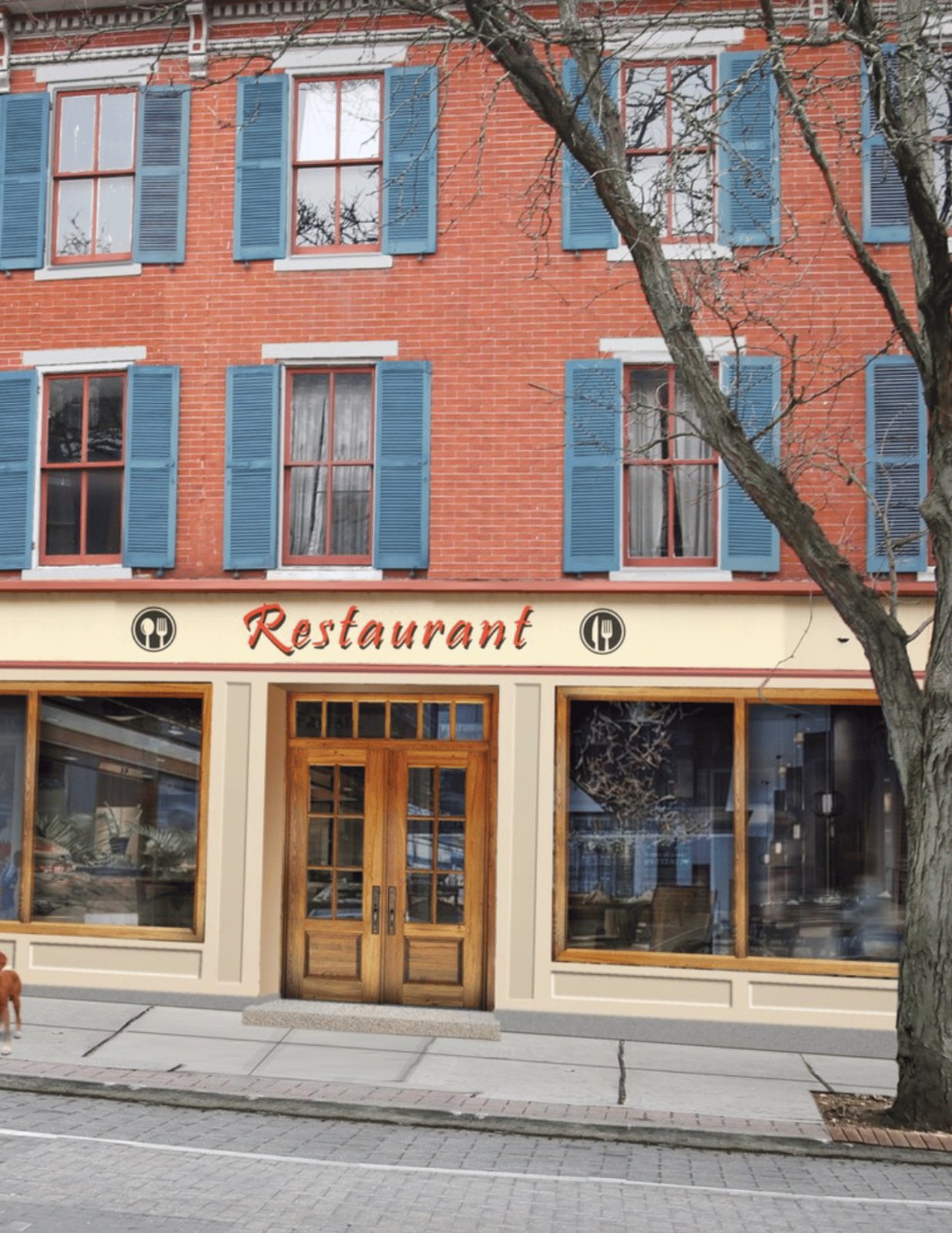A row of brick storefronts with a restaurant awning on Warren Street in downtown Trenton, New Jersey.