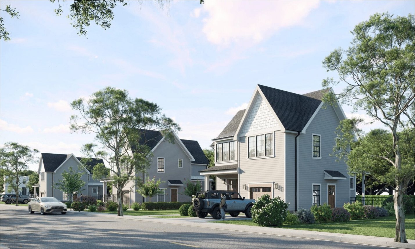 Newly built single-family houses with front porches along a residential street.