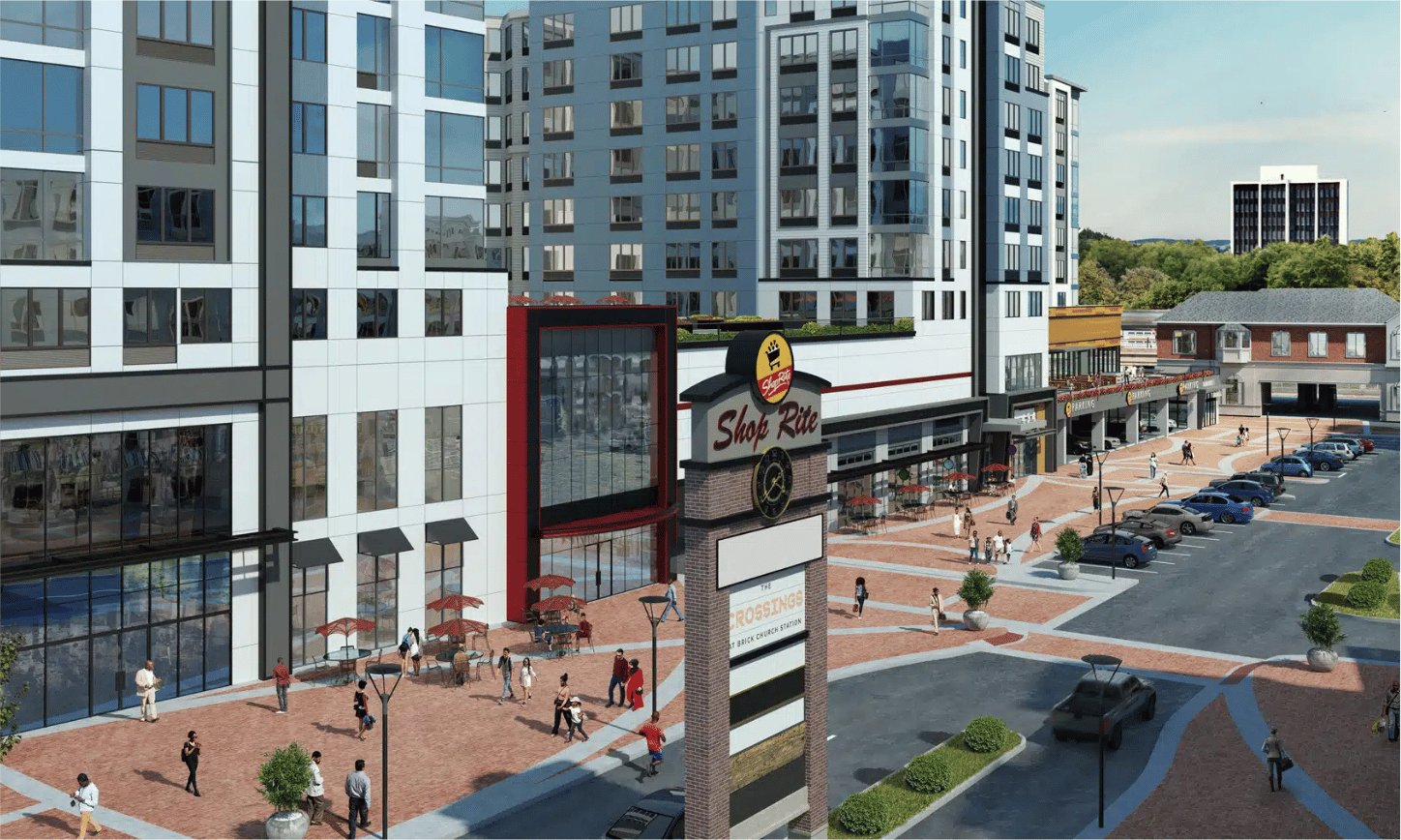 A redeveloped city block with ground-floor retail space and apartments above.