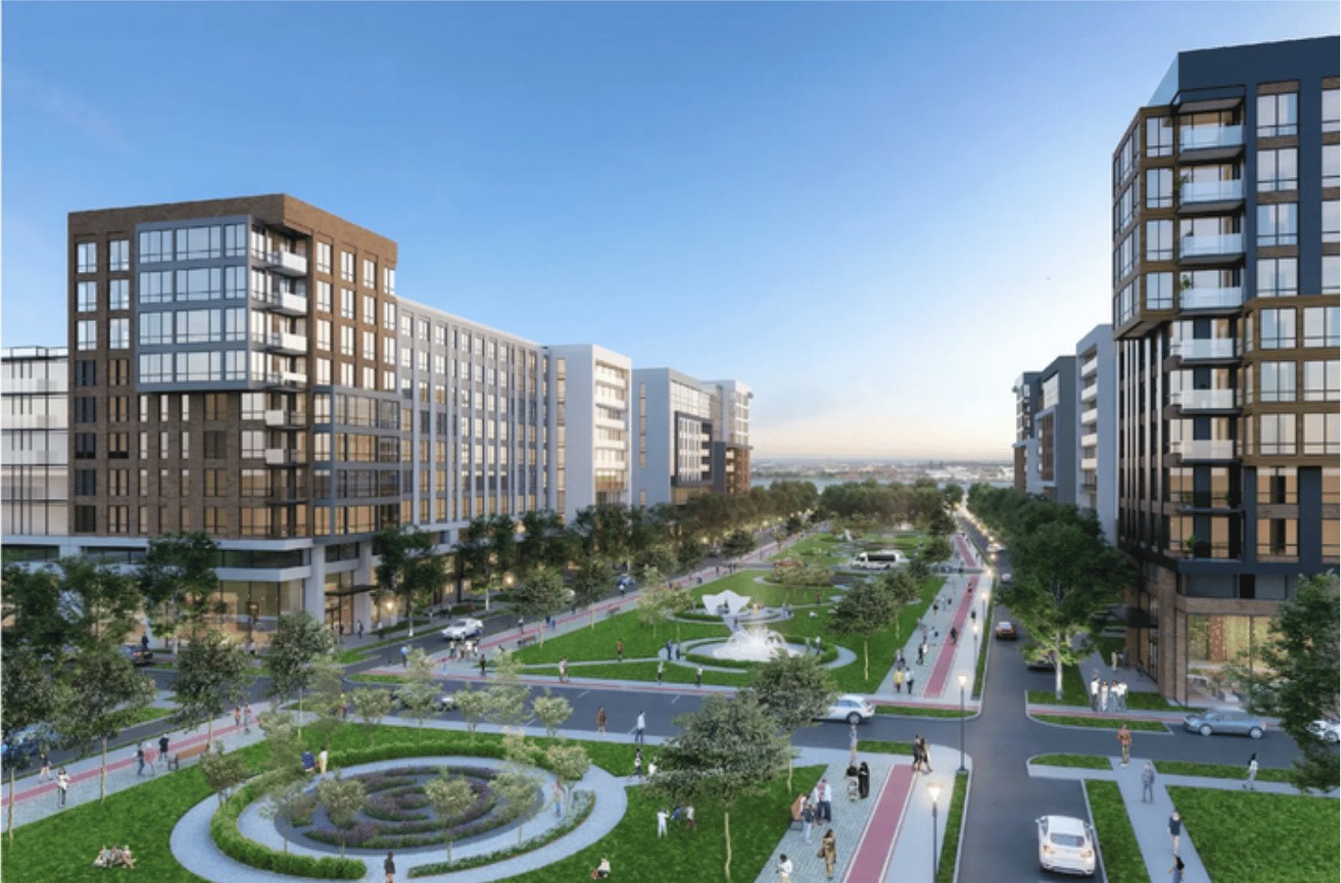 Rendering of mid-rise apartment buildings along a landscaped boulevard at the Bayfront redevelopment.